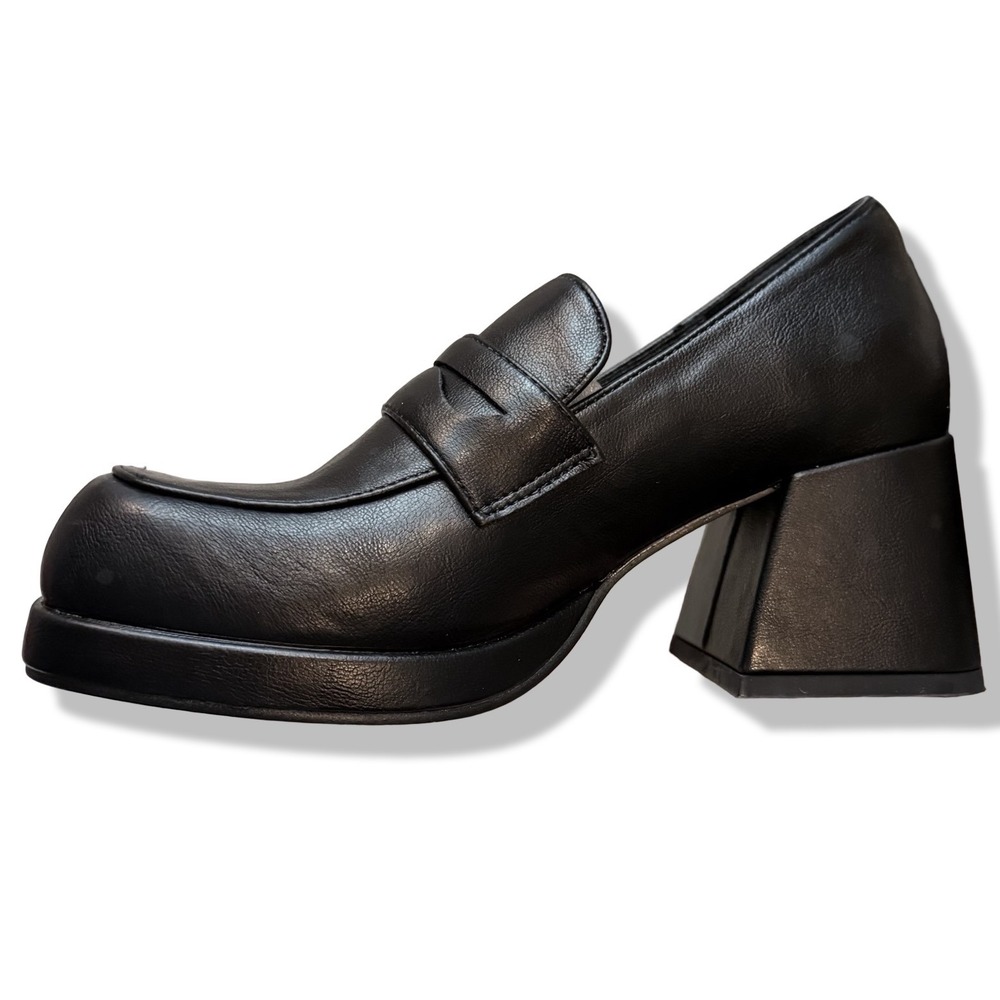 NIB Womens Black Platform Chunky Heel Loafer Shoes Square Toe Retro Style Sz 5 - Picture 4 of 13